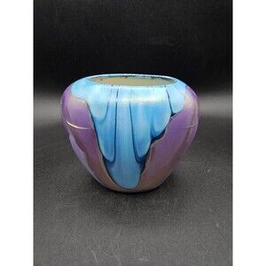 Vintage Blue & Purple Glossy Drip Luster Vase With Platinum Overlay Signed 80s